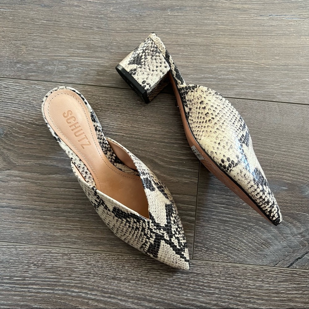 SCHUTZ Snake-Print Pointed Toe Mules in Beige and Black